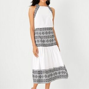 Ann Taylor White Midi Dress with Black Embroidered Trim
